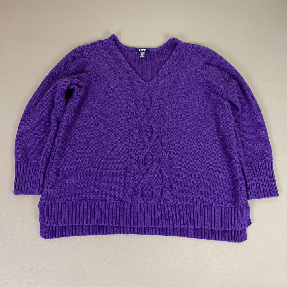 Chaps Cable Knit Sweater Women's Plus Size 2X Purple V Neck Pullover Cotton‎